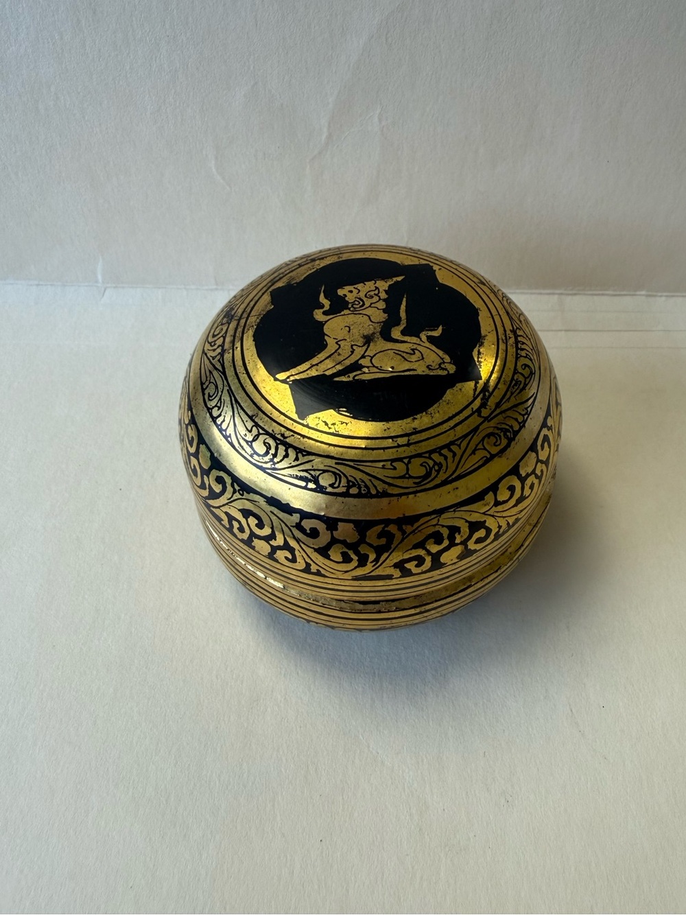 Vintage Burmese Lacquerware Trinket Box with Gold Leaf & Lion-like Creature.